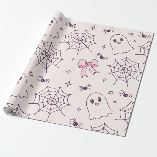 Niedliches Halloween Ghost & Spiderweb Muster Geschenkpapier (Ungerollt)
