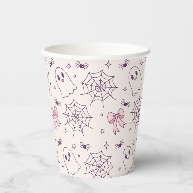 Niedliches Halloween Ghost & Spiderweb Muster Pappbecher (Vorderseite)