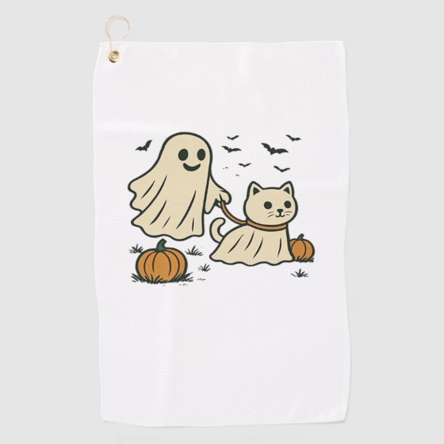 Niedliches Halloween Ghost Walking Ghost Cat Class Golfhandtuch (Vorderseite)