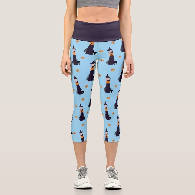 Niedliches Halloween Hexenkürbis-Katzenmuster Capri Leggings (Vorderseite)