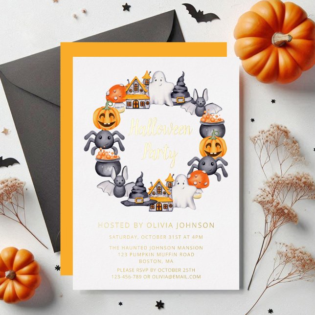 Niedliches Halloween Illustration Party Gold Folieneinladung (Cute Happy Halloween Illustration Party Gold Foil Invitation)