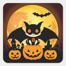 Niedliches Halloween-Katzenzeichen mit Pumpkins Quadratischer Aufkleber