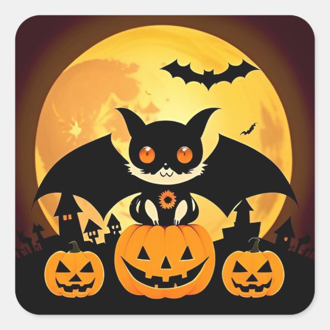Niedliches Halloween-Katzenzeichen mit Pumpkins Quadratischer Aufkleber (Vorderseite)