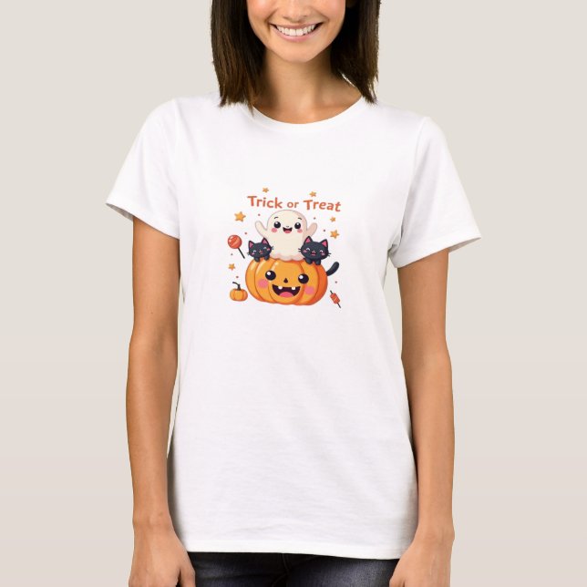 Niedliches Halloween - Kawaii Ghost und Black Cats T-Shirt (Vorderseite)