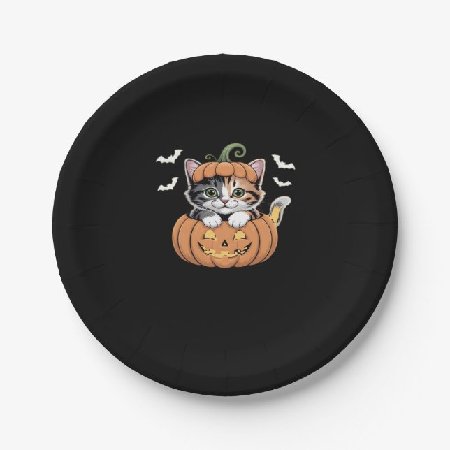 Niedliches Halloween Kitten in einem Kürbisklassis Pappteller (Vorderseite)