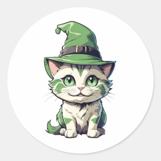 Niedliches Halloween Kitten mit grünem Hut Runder Aufkleber