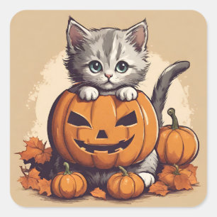 Niedliches Halloween Kitten und Jack-O' Lantern Quadratischer Aufkleber