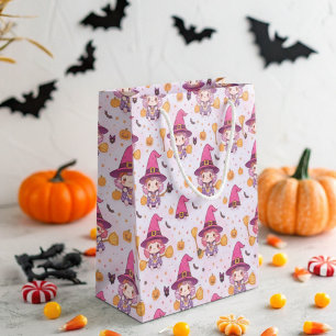 Niedliches Halloween Muster mit Kürpen und Hexe Große Geschenktüte