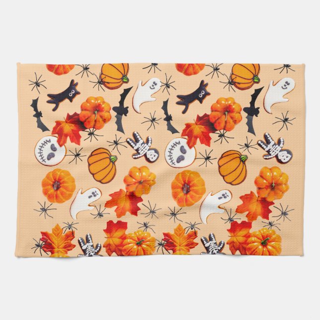 Niedliches Halloween-Muster mit Pumpkins, Geistern Geschirrtuch (Horizontal)