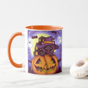 Niedliches Halloween-Oktober Hexenkatze Tasse