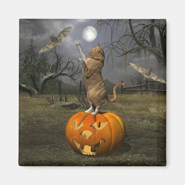 Niedliches Halloween-Orange-Katzen-Batzen Magnet (Vorne)
