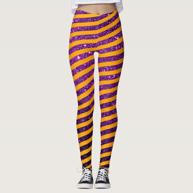 Niedliches Halloween Orange Lila Glitzer Streifen Leggings (Vorderseite)