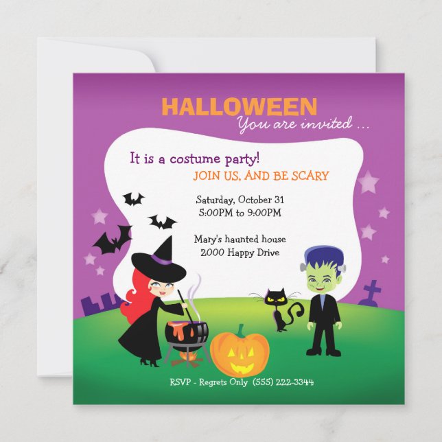 Niedliches Halloween-Party für Kinder mit Hexe Einladung (Vorderseite)