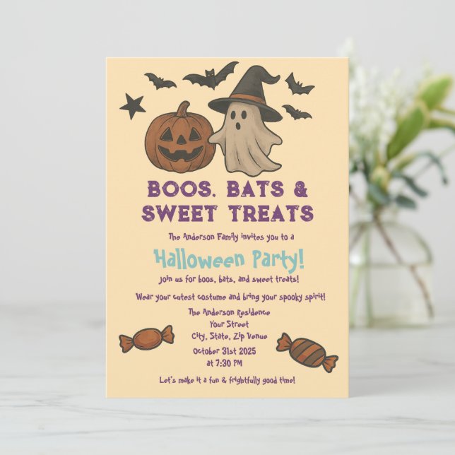 Niedliches Halloween - Pastel Pumpkin & Candy Part Einladung (Stehend Vorderseite)