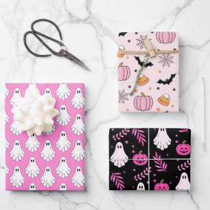 Niedliches Halloween-Pink-Schwarz-Muster Geschenkpapier Set