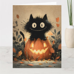 Niedliches Halloween-Schwarze Katze auf einem Jack Karte