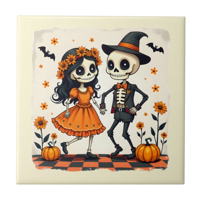 Niedliches Halloween Skeleton-Paar in Orange Fliese (Vorderseite)