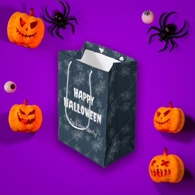 Niedliches Halloween-Spinnennetz auf grau, kundens Mittlere Geschenktüte (Cute Halloween spiderweb on grey, custom Medium Gift Bag
)