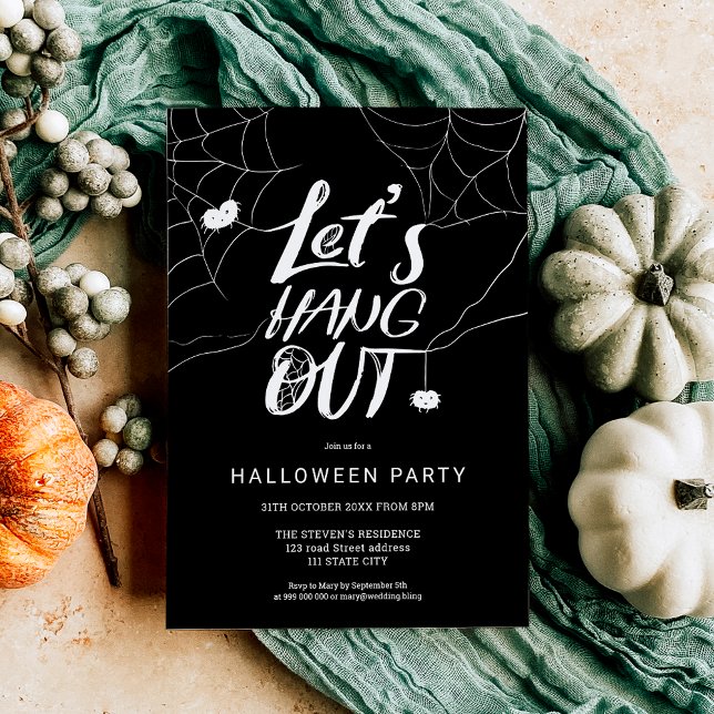 Niedliches Halloween-Spinnenskript Einladung (White cute modern Halloween spider hang out script Invitation)
