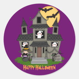 Niedliches Halloween Spuk Haus & kleine Hexe Runder Aufkleber
