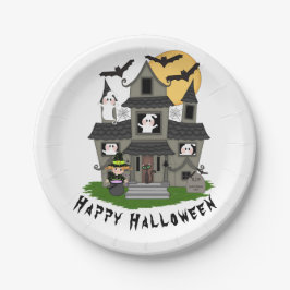 Niedliches Halloween Spuk Haus und kleine Hexe Pappteller