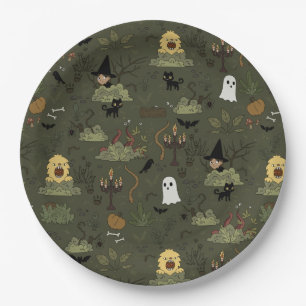 Niedliches Halloween-Spuk-Waldmuster Pappteller