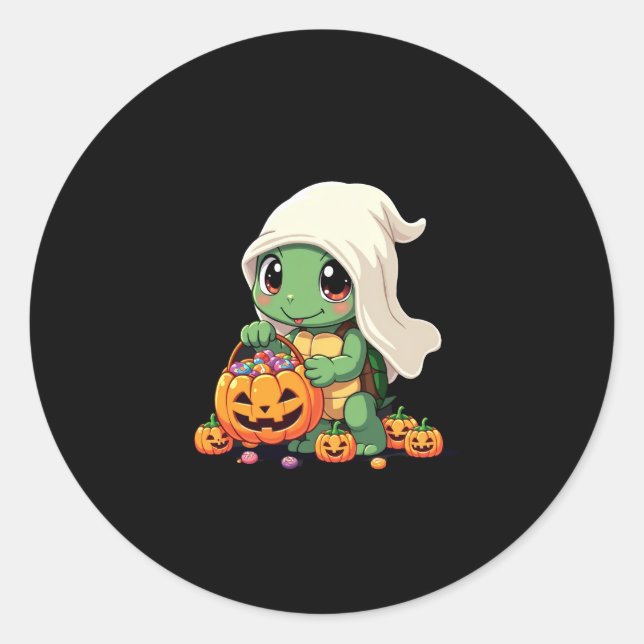 Niedliches Halloween Turtle Ghost mit Candy (3) Runder Aufkleber (Vorderseite)
