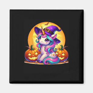 Niedliches Halloween Unicorn Hexenkürbis Mädchen F Magnet