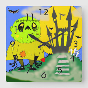 Niedliches Halloween Zombie und Schloss Quadratische Wanduhr