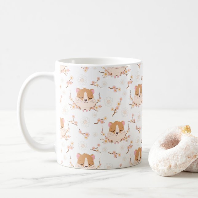 Niedliches Hamstergesicht und rosa Blume Muster Kaffeetasse (Mit Donut)