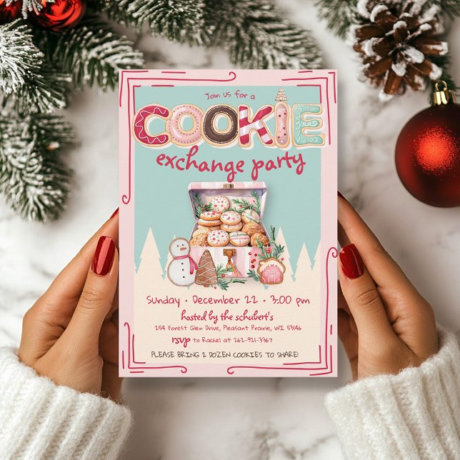 Niedliches Hand gezeichnetes Weihnachtskochtausch  Einladung (Cute pink, red, teal hand drawn cookie exchange Christmas Party invitation, cookies, baking)