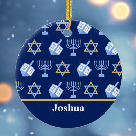 Niedliches Hanukkah Muster Blue Monogram Holiday Keramik Ornament