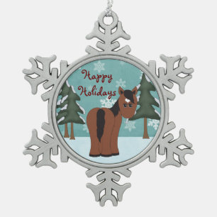 Niedliches Happy Holidays Brown Horn in Snow Schneeflocken Zinn-Ornament