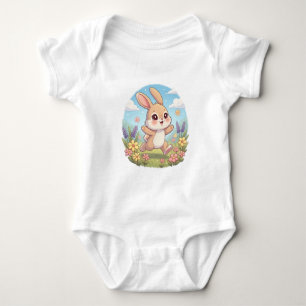 Niedliches Häschen hüpft auf einem Blumenfeld Baby Strampler