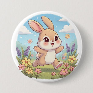 Niedliches Häschen hüpft auf einem Blumenfeld Button