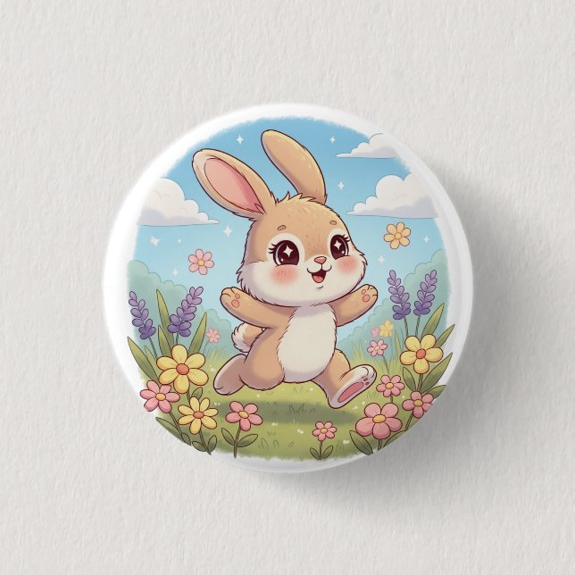 Niedliches Häschen hüpft auf einem Blumenfeld Button (Vorderseite)
