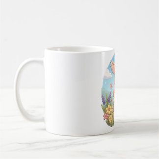Niedliches Häschen hüpft auf einem Blumenfeld Kaffeetasse