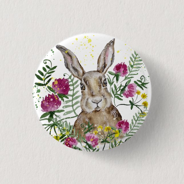 Niedliches Hasen in Aquarellfarben-Blume Button (Vorderseite)