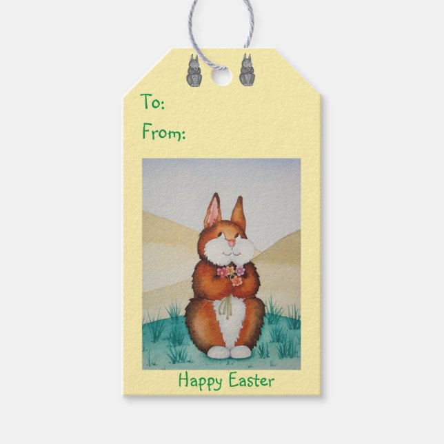 niedliches Hasen mit hübschen Blume Geschenkanhänger (Vorderseite)