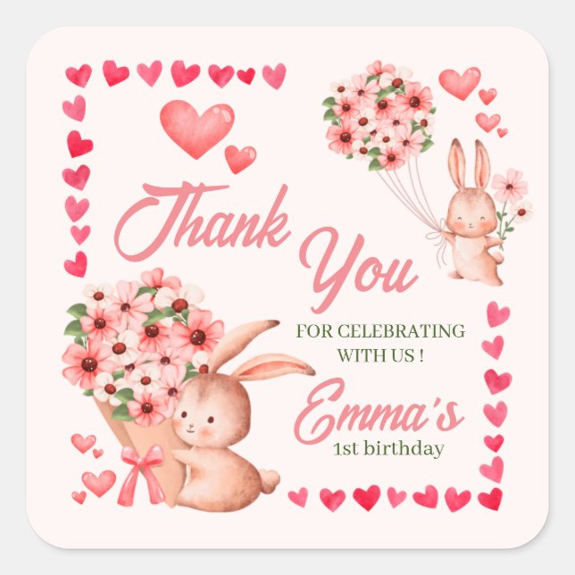 Niedliches Hasen mit rosa Herzgeburt Quadratischer Aufkleber (Vorderseite)