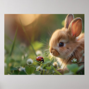 Niedliches Hasen und eine Ladybug auf dem grünen F Poster