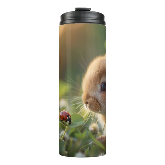 Niedliches Hasen und eine Ladybug auf dem grünen F Thermosbecher (Vorderseite)