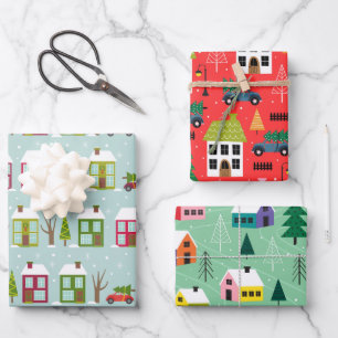 Niedliches Haus Weihnachtsmuster Geschenkpapier Set