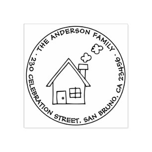 Niedliches Haus Zeichn Familienname und Rücksendea Gummistempel