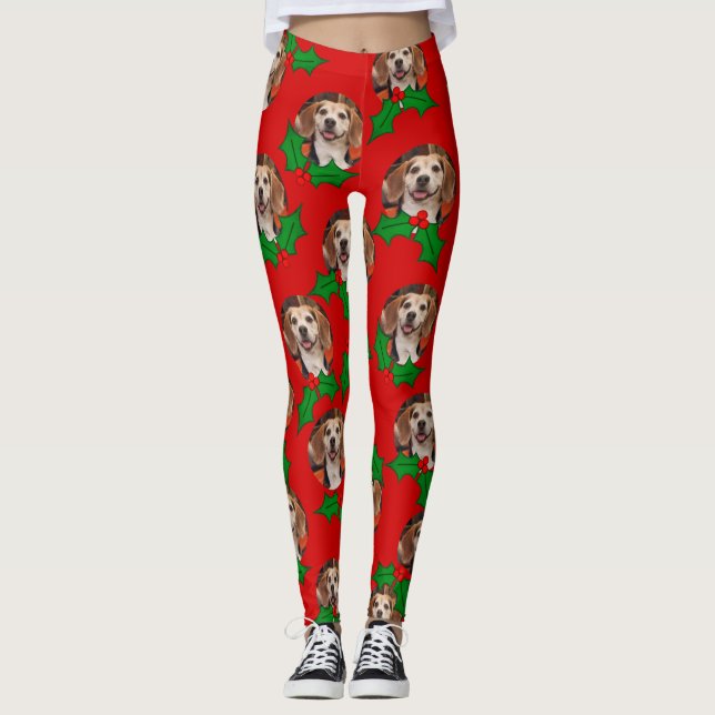 Niedliches Haustier-Foto Rote Grüne Weihnachten Leggings (Vorderseite)