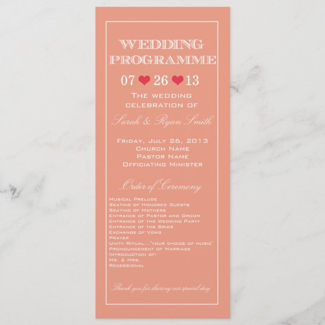 Niedliches Heart Peach Wedding Program Programm (Vorderseite)