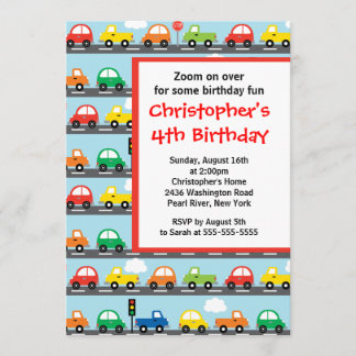 Niedliches helles u. buntes Auto-Geburtstags-Party Einladung
