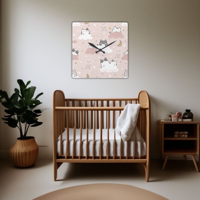 Niedliches, hellrosa Kätzchenmuster Quadratische Wanduhr (Gentle Cute Pink Pattern Kitten Cloud Square Wall Clock)