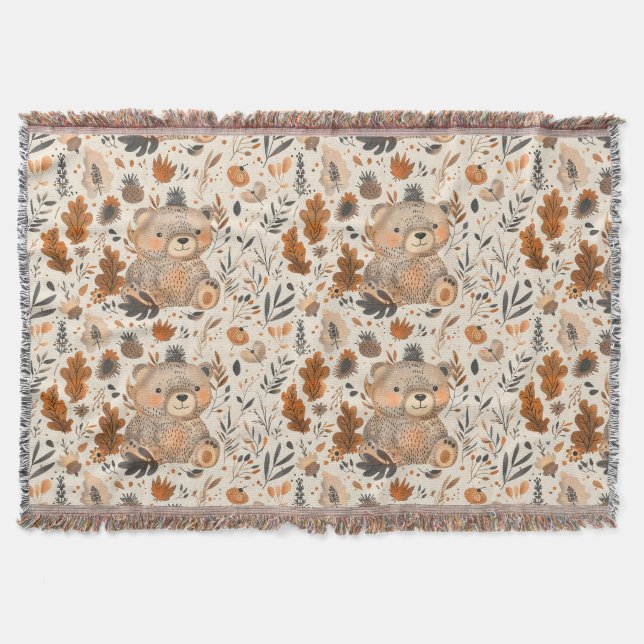 Niedliches Herbstbär- und Waldblattmuster Decke (Vorderseite)