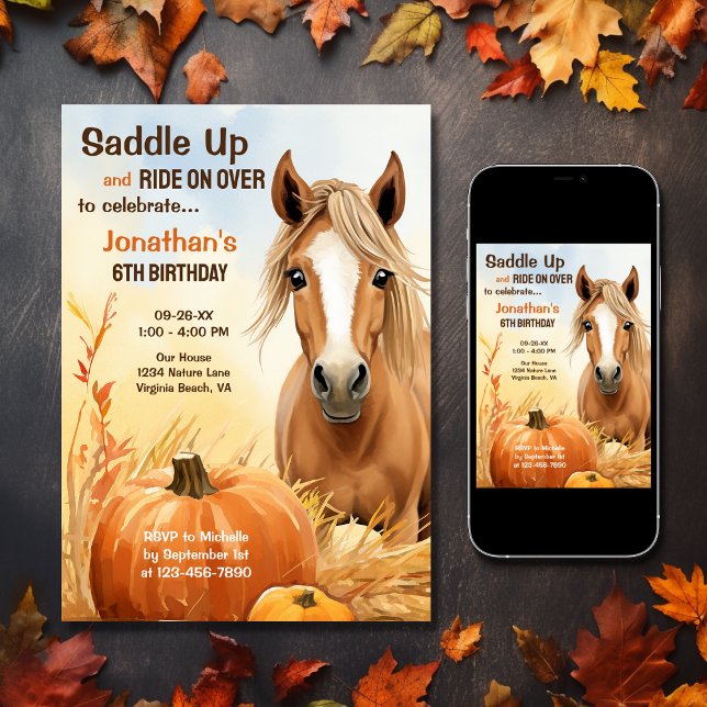 Niedliches Herbstpferd absetzen Geburtstag Einladung (Printed and Digital - Cute Autumn Horse and Pumpkin Fall Birthday Invitation)